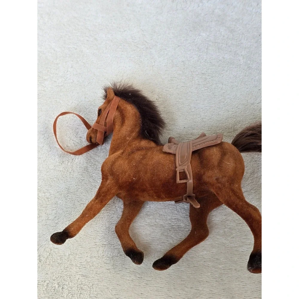 Vintage Flocked Brown Horse Figurine with Saddle and Bridle Toy 5 Inch